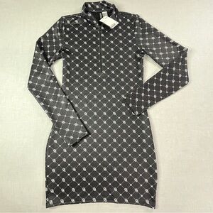 H&M Divided Black Logo Print Bodycon Mini Dress Women’s Medium Long Sleeve NWT